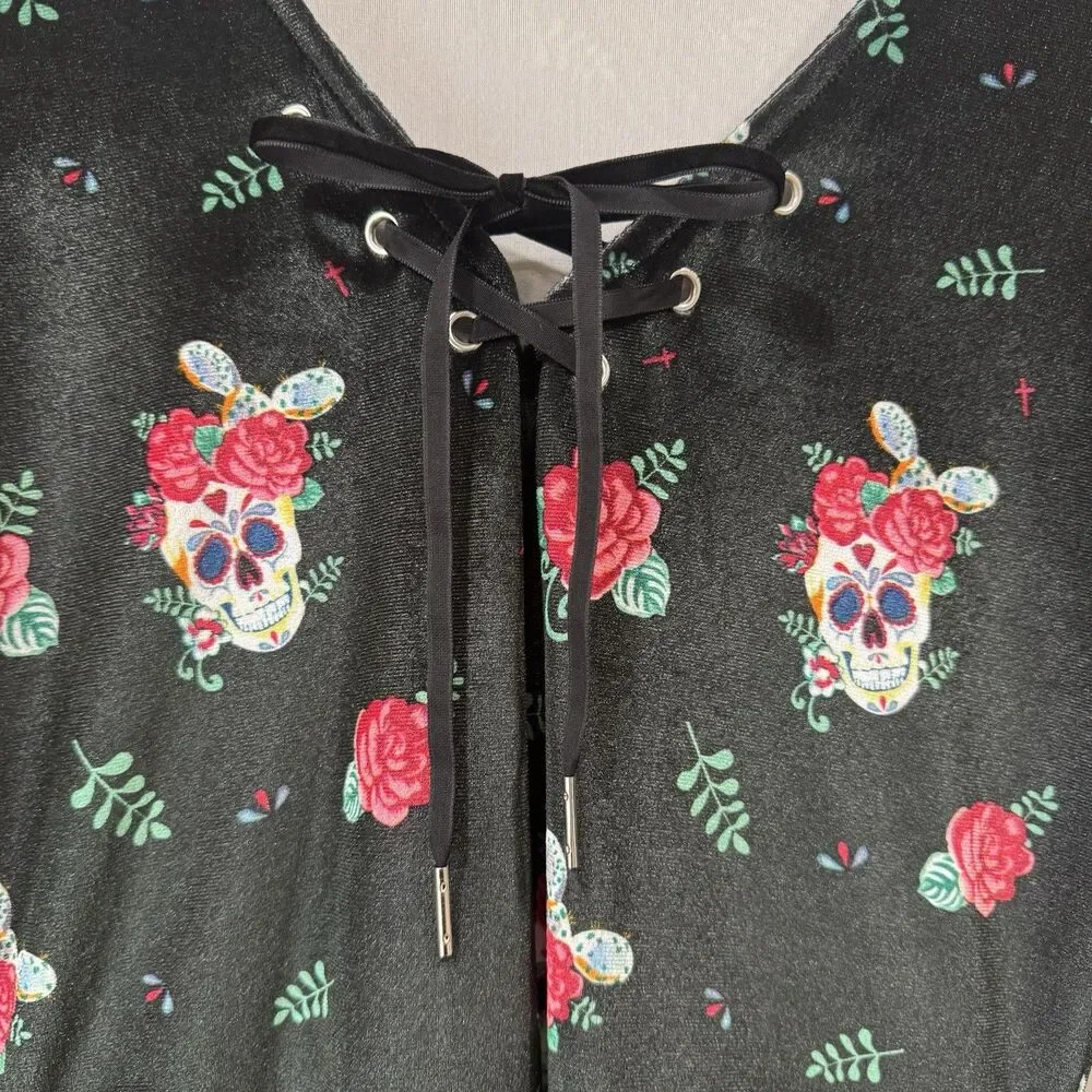 Gothic Black Velvet Sugar Skull Floral Lace Trim Dress Costume Goth Grunge Small - Picture 4 of 13